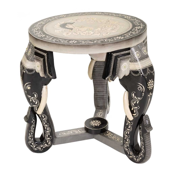Mic mobilier - Măsuță decorativă din lemn pictat manual, cu elefanți, India