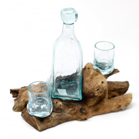 Boluri de sticla - Set de Whiskey din Sticla Topita pe Lemn de Gamal