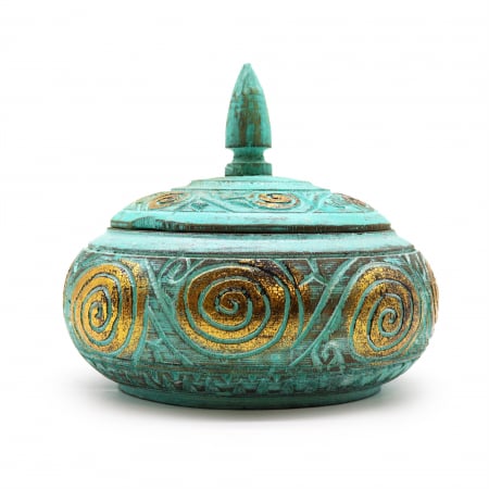 Boluri si Tavi de lemn - Bol Decorativ cu capac, Turcoaz, lemn de albasia