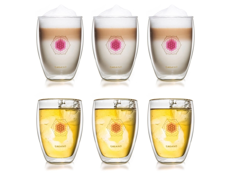 Accesorii servire ceai - Set 6 pahare termo Flower of Life 250 ml, perete dublu