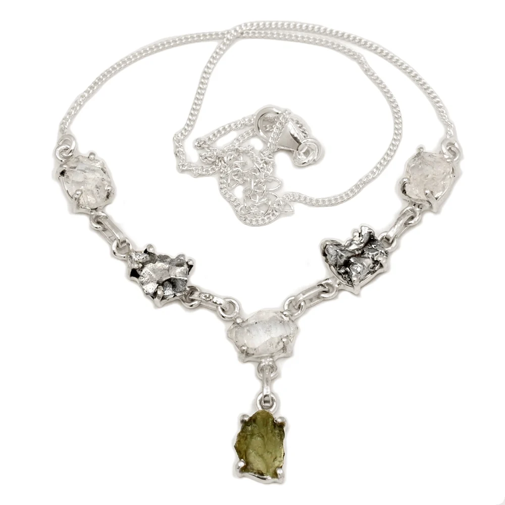 Coliere - Colier argint 925 cu moldavit, diamant Herkimer si meteorit Campo del Cielo