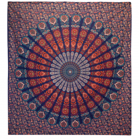 Mandala - Cuvertura Bumbac/Decor Perete, Mandala Paun, Albastru, 230x200 cm