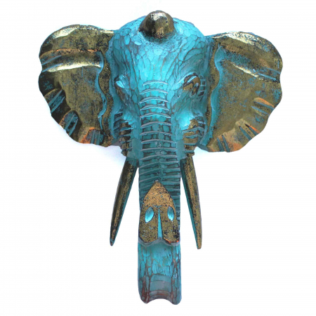 Decoratiuni de perete - Decor de perete - Cap de Elefant din lemn de Albasia, 29x26 cm, Turcoaz
