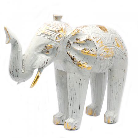 Figurine - Elefant Sculptat Manual din Lemn, Alb si Auriu