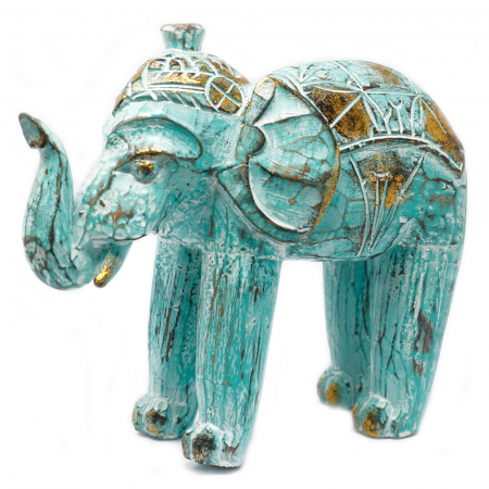 Figurine - Elefant Sculptat Manual din Lemn, Turcoaz