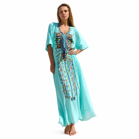Rochii/ Kaftan - Kaftan turcoaz cu Broderie, bumbac egiptean