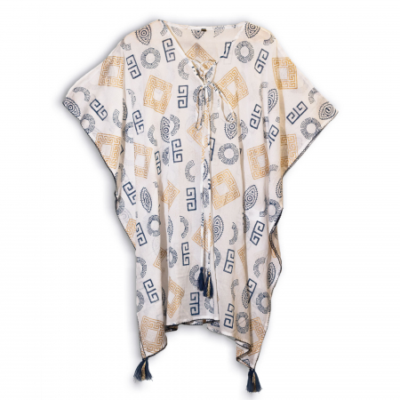 Cadouri pentru Femei - Kaftan Pictat Manual, Auriu si Albastru cu Motive Grecesti