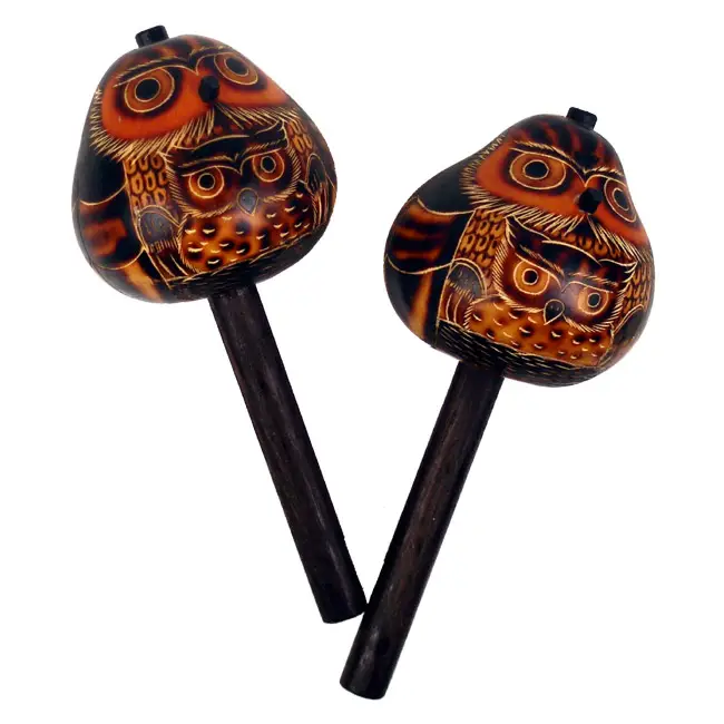 SAMANISM - Maraca din dovleac sculptat, model bufnita 15 cm