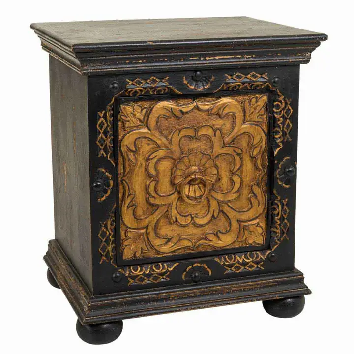 Mic mobilier - Măsuță decorativă indiană din lemn sculptat, negru cu auriu, finisaj antichizat