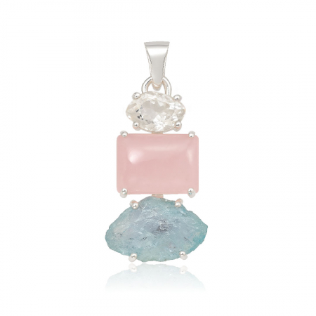 Amplificare energetica - Pandantiv Diamant Herkimer, Cuart Roz si Acvamarin - Argint 925 - M02