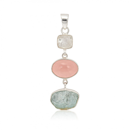 Amplificare energetica - Pandantiv Diamant Herkimer, Cuart Roz si Acvamarin - Argint 925 - M01