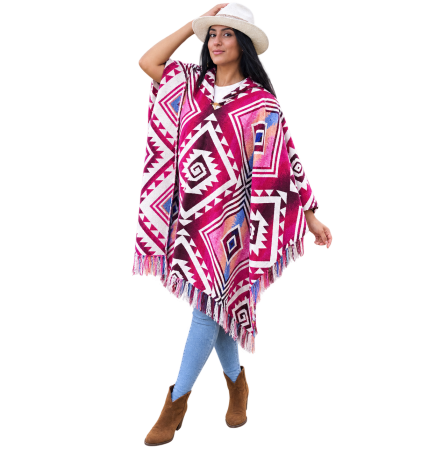 Poncho - Poncho Entente Pink din Lana de Alpaca, Lucrat Manual in Ecuador
