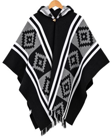 ALPACA - Poncho Mapuche Negru din Lana de Alpaca, Lucrat Manual in Ecuador