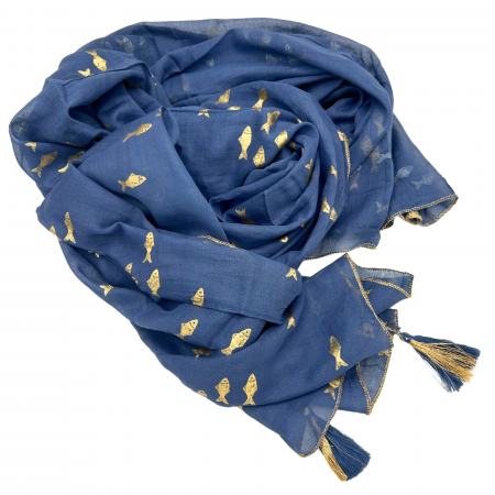 Cadouri pentru Femei - Sarong, Albastru si Auriu cu Pestisori, 110 x 180 cm