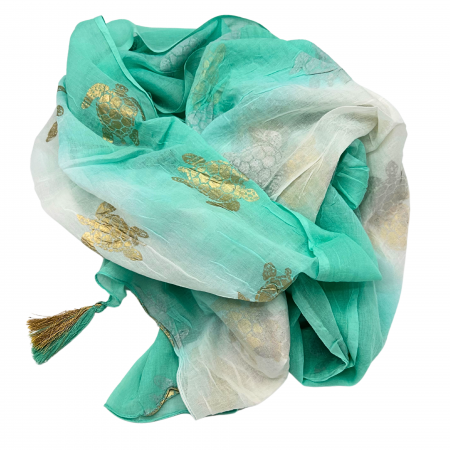Cadouri pentru Femei - Sarong, Alb si Turcoaz cu Testoasa Aurie, 110 x 180 cm