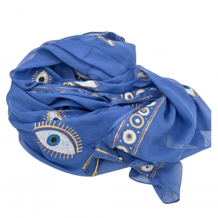 Cadouri pentru Femei - Sarong, Albastru si Auriu cu Ochiul Rau pictat manual, 110 x 180 cm