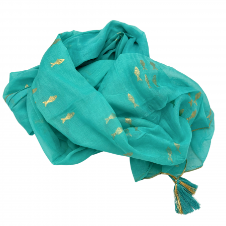 Cadouri pentru Femei - Sarong, Turcoaz si Auriu cu Pestisori, 110x180 cm