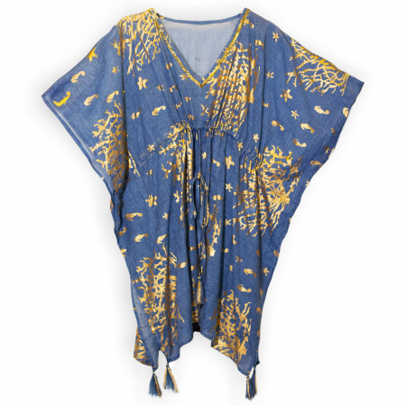 Cadouri pentru Femei - Kaftan Pictat Manual, Coral Auriu pe Albastru Inchis