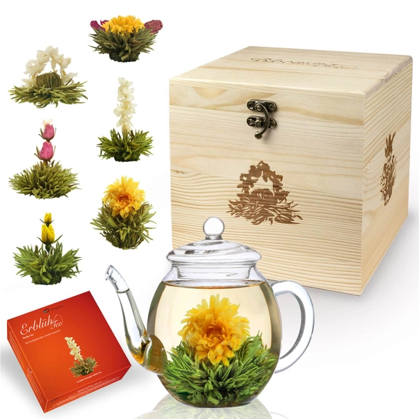 Blooming Tea/ Ceaiuri care infloresc - Set Cadou Ceai Alb Blooming Flower Mix, Ceainic, Cutie Eleganta din Lemn