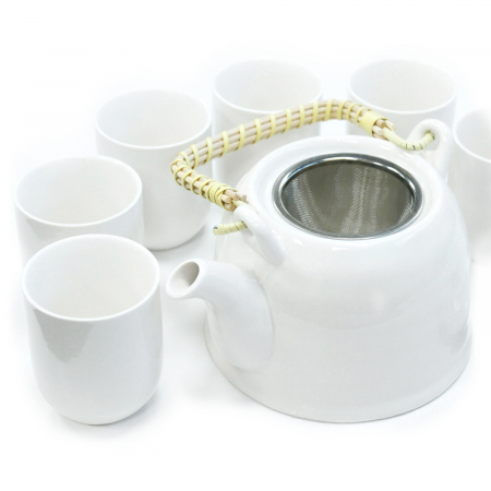Accesorii servire ceai - Set Ceainic + 6 Cani din Ceramica, alb