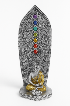 Suporturi si decoratiuni - Suport Betisoare din Rasina – Buddha Argintiu cu 7 Chakre – 7x7x17 cm