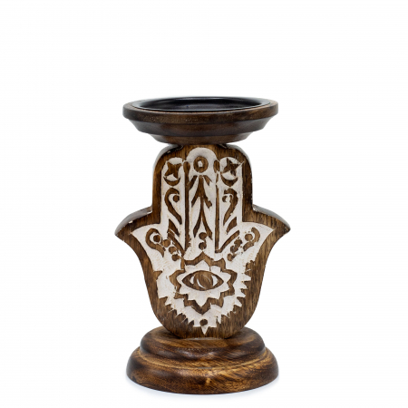 Hamsa - Suport pentru lumanari Hamsa, 18 x 11 cm, lemn de mango
