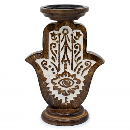 Suporturi lumanari - Suport pentru lumanari Hamsa, 25 x 18 cm, lemn de mango