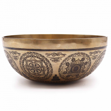 Boluri tibetane - Bol Tibetan cantator cu Argint, 7 Chakre si Floarea Vietii, 21 cm