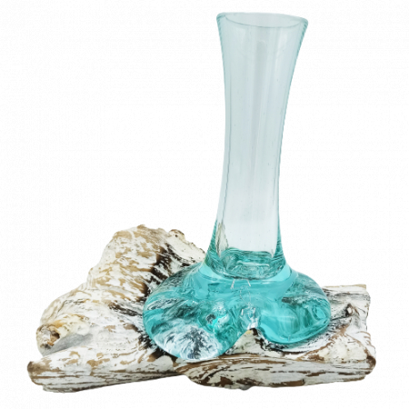 Boluri de sticla - Vaza mica din Sticla Topita pe lemn, Alb spalat