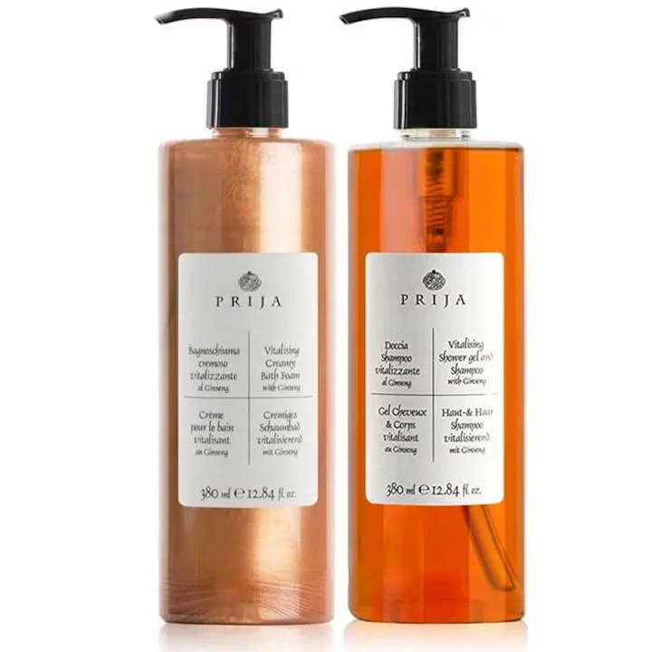 Set cosmetice cadou vegane Prija, 4x380ml, sampon intaritor si balsam, gel de dus cu particule aurii cu ginseng, crema hidratanta cu vitamina E [2]