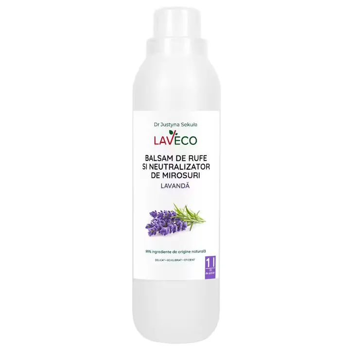 Produse BIO - Balsam de rufe si Neutralizator Bio (99.9 % natural) cu aroma de Lavanda1 litru-25 spalari- sigur si pt copii, inmoaie tesaturile, netezeste fibrele, revitalizeaza culorile, clateste resturile de dete