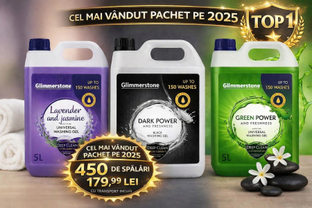 Pachete Avantajoase - Detergent Gel Premium Glimmerstone Germania 15 litri-450 spalari-calitate superioara-pt haine albe, negre si universale