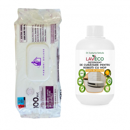 Produse BIO - Detergent pentru aspirator Robot cu Mop Universal Bio(100% Natural) 100 spalari cu portocale+Servetele cu bicarbonat si otet cu uleiuri esentiale pentru curatarea tuturor suprafetelor-100 buc