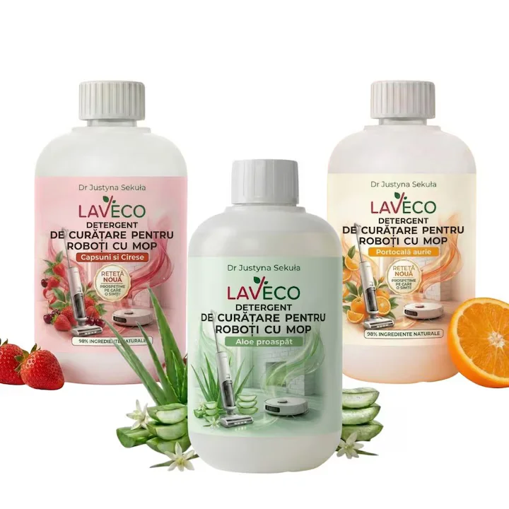 Produse BIO - Detergent pentru Aspirator Robot LAVECO, set 3 x 0, 5L, parfum Aloe, Capsuni si Portocale, hipoalergenic