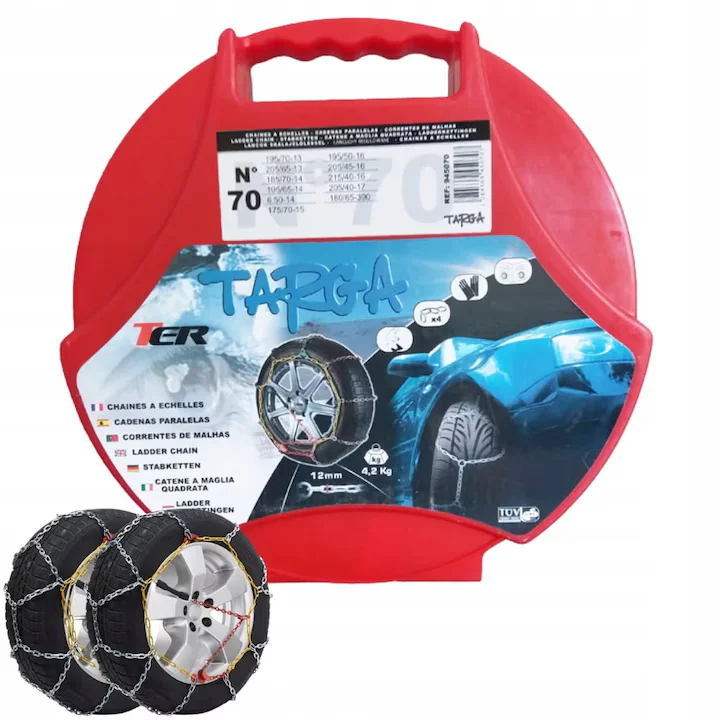 Produse pentru masini - Lanturi de zapada pentru roti 205/45R16 215/40R16 205/40R17 antiderapante nr. 70-Setul contine-Manusi Instructiuni Covoras pentru genunchi Lant x2 buc. Material: otel Dimensiunea zalelor lantului de z