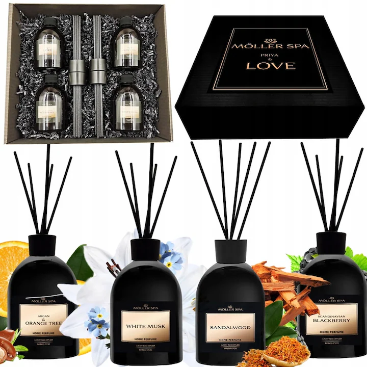 Pachete Luxury - Pachet Cadou Pt femei Cutie cu 4x250 ml Parfum de camera cu betisoare Premium-Scandal, BlackBerry, White Musk si Orange-Eleganta si Rafinament in fiecare sticl