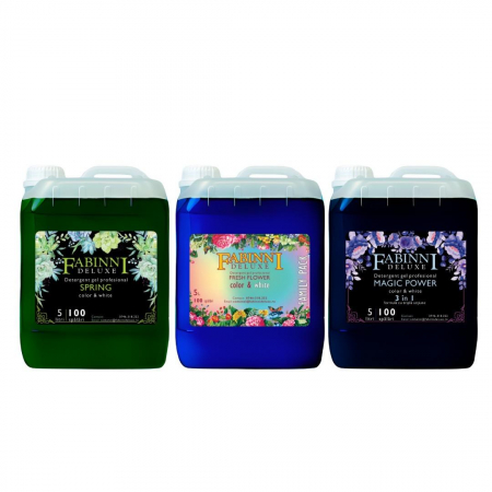 Pachete Avantajoase - Pachet Detergent Gel Profesional automat / manual Fabinni Deluxe 3X5 l Spring/Fresh/Magic Power 3 in 1 (300 spalari)+dozator cadou+transport gratuit!