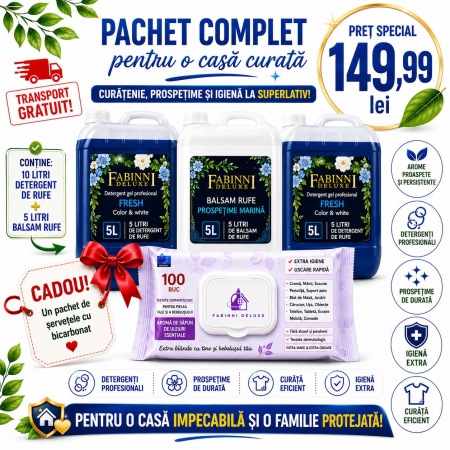 Feed 6 produse - Pachet Detergent gel Fresh color and white 10 L, Balsam rufe Prospețime marină 5 L + Cadou 1 pachet de șervețele - Copie