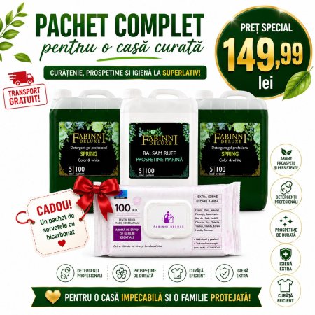 Feed 6 produse - Pachet Detergent gel Spring  color and white 10 L, Balsam rufe Prospețime marină 5 L + Cadou 1 pachet de șervețele