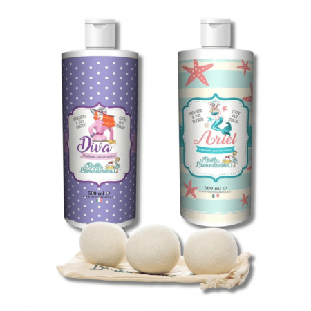 Esente parfum rufe - Pachet esente parfum de rufe 2x500 ml (200 spalari)+ 3 bile lana naturala pentru uscatorul de rufe!