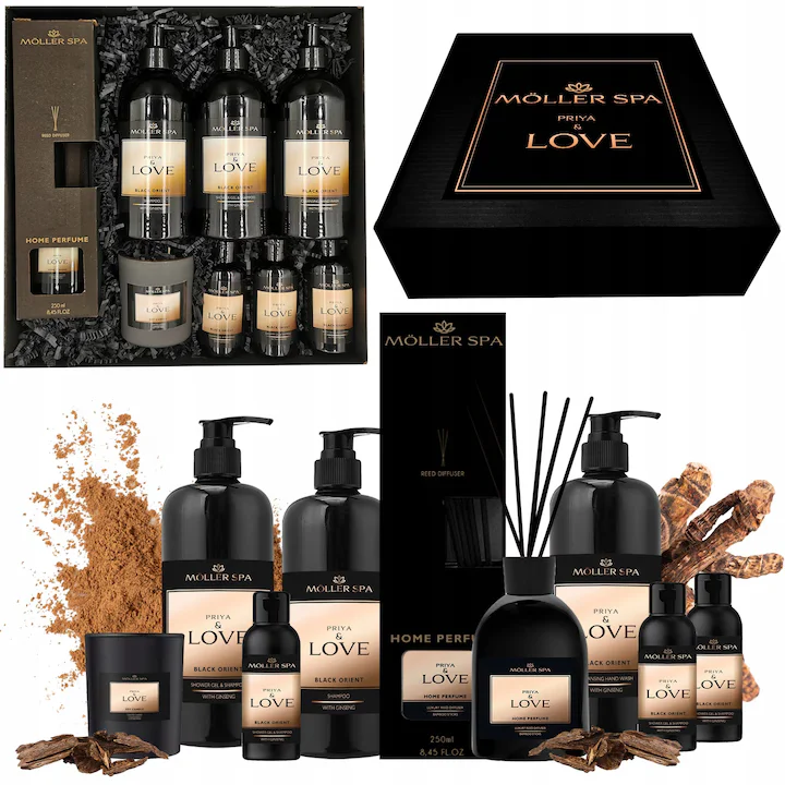 Pachete Luxury - Set cadou pentru El -Setul Priya and Love este un set cadou unic care combina eleganta, luxul si ingrijirea excelenta-Sampon si gel de dus nutritiv cu ginseng-Odorizant cu parfum de oud-Lumanare parfu