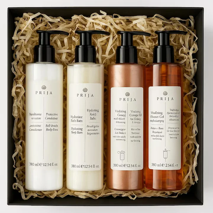 Pachete Luxury - Set cosmetice cadou vegane Prija, 4x380ml, sampon intaritor si balsam, gel de dus cu particule aurii cu ginseng, crema hidratanta cu vitamina E