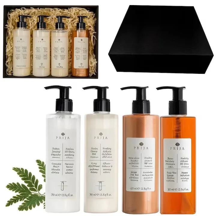 Set cosmetice cadou vegane Prija, 4x380ml, sampon intaritor si balsam, gel de dus cu particule aurii cu ginseng, crema hidratanta cu vitamina E [2]