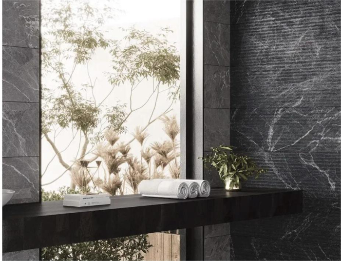 Faianta rectificata tip marmura, Adela Anthracite Decofon 30x90, negru, finisaj lucios [2]