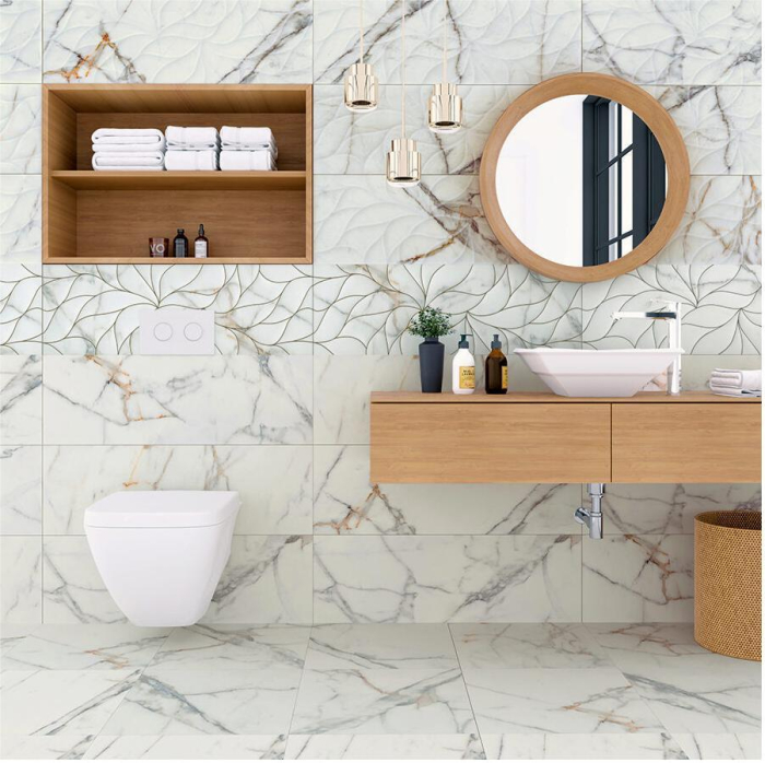 Faianta rectificata tip marmura, Marvy Glossy Decofon 30x90 cm, alb, finisaj lucios [2]