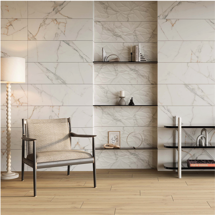 Faianta rectificata tip marmura, Marvy Glossy Decofon 30x90 cm, alb, finisaj lucios [3]