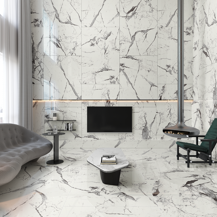 Gresie rectificata portelanata, tip marmura, Newport Rec Full Lap 1, 60x120 cm, alb, finisaj lucios [6]