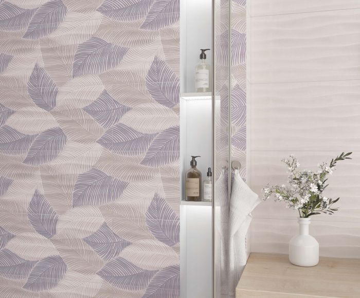 Piesa decorativa rectificata tip textil , Tessuto Leaves Deco Cream 4879, 30X60 cm, crem, lila, 3 placi/set [3]