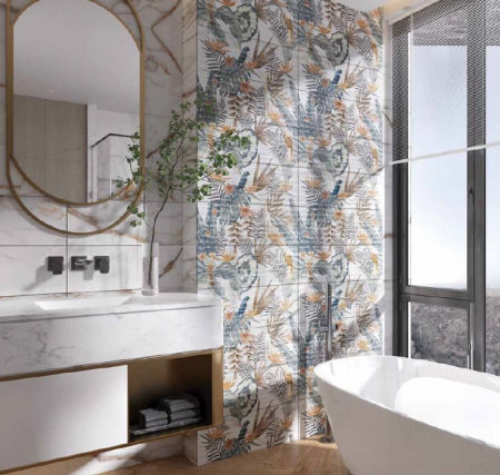 Piesa decorativa rectificata tip tapet tropical, Goldie Birts Onda White 3279, 73.2x74.4 cm, alb, verde, finisaj lucios, 3 placi/set [4]