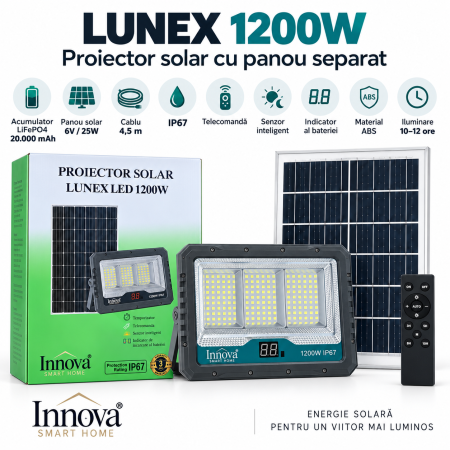 LAMPI SOLARE - Proiector solar LED Innova Lunex 1200W, acumulator 20.000 mAh, panou separat, telecomandă, senzor de lumină, IP67, cablu 4,5 m
